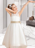 Maleah A-Line/Princess Tea-length Flower Girl Dress - Tulle/Lace Sleeveless Scoop Neck With Sash/Bow(s)/Back Hole UKP0015726