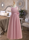 Haley A-Line Floor-length Flower Girl Dress - Satin/Tulle Sleeveless Scoop Neck With Bow(s) UKP0015727