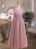 Haley A-Line Floor-length Flower Girl Dress - Satin/Tulle Sleeveless Scoop Neck With Bow(s) UKP0015727