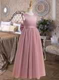 Haley A-Line Floor-length Flower Girl Dress - Satin/Tulle Sleeveless Scoop Neck With Bow(s) UKP0015727