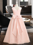 Cristal Ball-Gown/Princess Floor-length Flower Girl Dress - Satin/Tulle Sleeveless V-neck With Bow(s) UKP0015729