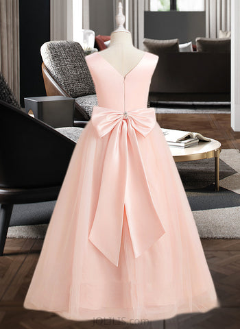 Cristal Ball-Gown/Princess Floor-length Flower Girl Dress - Satin/Tulle Sleeveless V-neck With Bow(s) UKP0015729