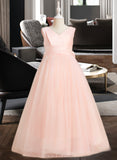 Cristal Ball-Gown/Princess Floor-length Flower Girl Dress - Satin/Tulle Sleeveless V-neck With Bow(s) UKP0015729