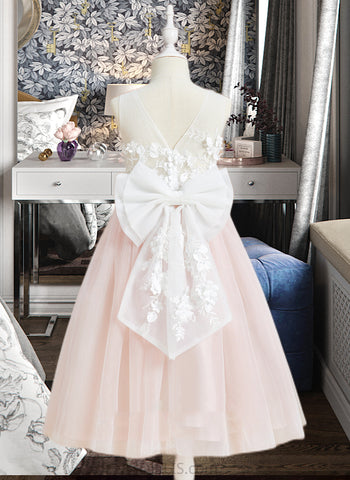 Gabrielle A-Line Tea-length Flower Girl Dress - Tulle Sleeveless Scoop Neck With Lace/Flower(s)/Bow(s) UKP0015730