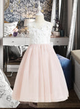 Gabrielle A-Line Tea-length Flower Girl Dress - Tulle Sleeveless Scoop Neck With Lace/Flower(s)/Bow(s) UKP0015730