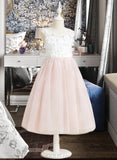 Gabrielle A-Line Tea-length Flower Girl Dress - Tulle Sleeveless Scoop Neck With Lace/Flower(s)/Bow(s) UKP0015730