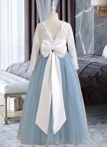 Janiya Ball-Gown/Princess Floor-length Flower Girl Dress - Tulle/Lace Long Sleeves Scoop Neck With Bow(s)/V Back UKP0015733