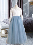 Janiya Ball-Gown/Princess Floor-length Flower Girl Dress - Tulle/Lace Long Sleeves Scoop Neck With Bow(s)/V Back UKP0015733