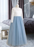 Janiya Ball-Gown/Princess Floor-length Flower Girl Dress - Tulle/Lace Long Sleeves Scoop Neck With Bow(s)/V Back UKP0015733