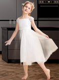 Diamond A-Line Tea-length Flower Girl Dress - Satin/Tulle Sleeveless Square Neckline With Lace/Sash UKP0015738