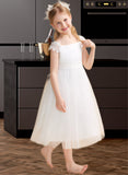 Diamond A-Line Tea-length Flower Girl Dress - Satin/Tulle Sleeveless Square Neckline With Lace/Sash UKP0015738