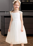 Diamond A-Line Tea-length Flower Girl Dress - Satin/Tulle Sleeveless Square Neckline With Lace/Sash UKP0015738