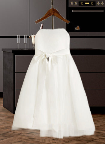 Diamond A-Line Tea-length Flower Girl Dress - Satin/Tulle Sleeveless Square Neckline With Lace/Sash UKP0015738