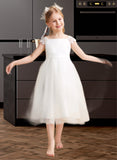 Diamond A-Line Tea-length Flower Girl Dress - Satin/Tulle Sleeveless Square Neckline With Lace/Sash UKP0015738