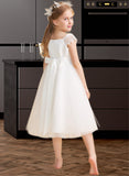 Diamond A-Line Tea-length Flower Girl Dress - Satin/Tulle Sleeveless Square Neckline With Lace/Sash UKP0015738