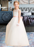 Veronica A-Line Floor-length Flower Girl Dress - Satin/Tulle/Lace Sleeveless Scoop Neck With Bow(s) (Undetachable sash) UKP0015739