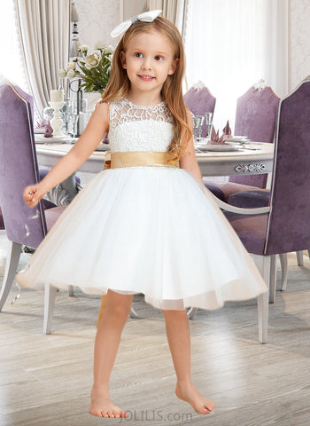 Brooklyn A-Line Knee-length Flower Girl Dress - Satin/Tulle/Lace Sleeveless Scoop Neck With Sash/Bow(s)/Back Hole UKP0015742