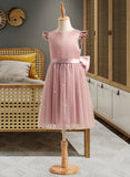 Fiona A-Line Knee-length Flower Girl Dress - Satin/Tulle Short Sleeves Scoop Neck With Beading/Bow(s) UKP0015744