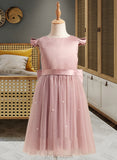 Fiona A-Line Knee-length Flower Girl Dress - Satin/Tulle Short Sleeves Scoop Neck With Beading/Bow(s) UKP0015744