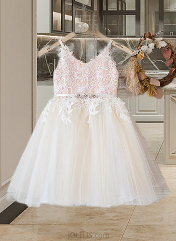 Rayna A-Line Knee-length Flower Girl Dress - Tulle/Lace Sleeveless Straps UKP0015746