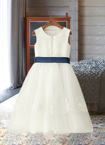 Janice A-Line/Princess Tea-length Flower Girl Dress - Satin/Lace Sleeveless Scoop Neck With Sash UKP0015747