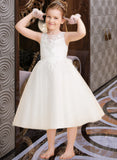 Tatum A-Line Tea-length Flower Girl Dress - Tulle/Lace Sleeveless Scoop Neck With Beading/Flower(s) UKP0015748