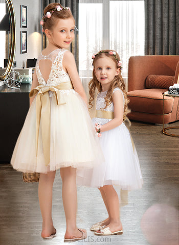 Anahi A-Line Knee-length Flower Girl Dress - Tulle/Lace Sleeveless Scoop Neck With Sash/Beading/Back Hole (Detachable sash) UKP0015751