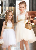 Anahi A-Line Knee-length Flower Girl Dress - Tulle/Lace Sleeveless Scoop Neck With Sash/Beading/Back Hole (Detachable sash) UKP0015751