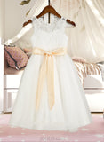 Raven A-Line/Princess Tea-length Flower Girl Dress - Tulle/Lace Sleeveless Scoop Neck With Sash/Bow(s) UKP0015752