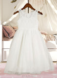 Raven A-Line/Princess Tea-length Flower Girl Dress - Tulle/Lace Sleeveless Scoop Neck With Sash/Bow(s) UKP0015752