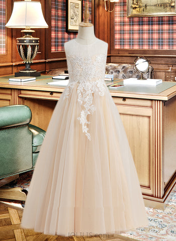 Natalia A-Line Floor-length Flower Girl Dress - Tulle Sleeveless Scoop Neck With Lace/Beading UKP0015753