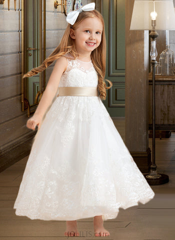 Tori A-Line/Princess Ankle-length Flower Girl Dress - Satin/Tulle/Lace Sleeveless Scoop Neck With Sash/Bow(s) UKP0015754