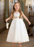 Tori A-Line/Princess Ankle-length Flower Girl Dress - Satin/Tulle/Lace Sleeveless Scoop Neck With Sash/Bow(s) UKP0015754