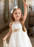 Tori A-Line/Princess Ankle-length Flower Girl Dress - Satin/Tulle/Lace Sleeveless Scoop Neck With Sash/Bow(s) UKP0015754