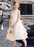 Helga A-Line Tea-length Flower Girl Dress - Organza/Lace Sleeveless Scoop Neck With Beading/Rhinestone UKP0015765