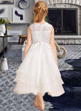 Helga A-Line Tea-length Flower Girl Dress - Organza/Lace Sleeveless Scoop Neck With Beading/Rhinestone UKP0015765