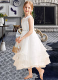 Helga A-Line Tea-length Flower Girl Dress - Organza/Lace Sleeveless Scoop Neck With Beading/Rhinestone UKP0015765