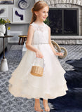 Helga A-Line Tea-length Flower Girl Dress - Organza/Lace Sleeveless Scoop Neck With Beading/Rhinestone UKP0015765