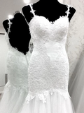 White Lace Mermaid Sweetheart Tulle Spaghetti Straps Backless Affordable Wedding Dresses JS778