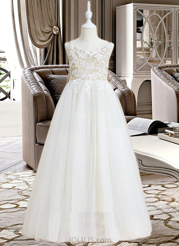 Anya Ball-Gown/Princess Floor-length Flower Girl Dress - Satin/Tulle Sleeveless V-neck With Lace/Bow(s) UKP0015766