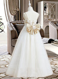 Anya Ball-Gown/Princess Floor-length Flower Girl Dress - Satin/Tulle Sleeveless V-neck With Lace/Bow(s) UKP0015766