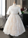 Clara A-Line Tea-length Flower Girl Dress - Tulle/Lace 3/4 Sleeves Scoop Neck With Bow(s) UKP0015769