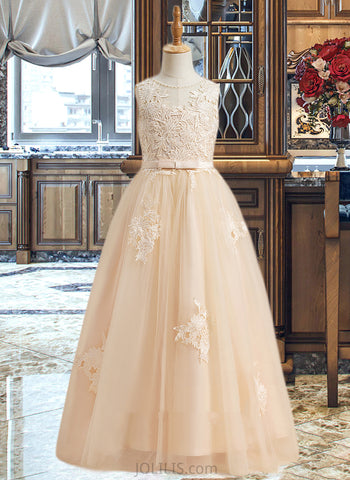 Kailey Ball-Gown/Princess Floor-length Flower Girl Dress - Tulle/Lace Sleeveless Scoop Neck With Beading/Sequins/Bow(s) UKP0015770