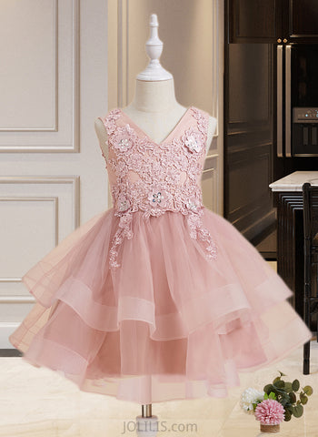 Amelie A-Line Knee-length Flower Girl Dress - Tulle/Lace Sleeveless V-neck With Beading/Flower(s)/Sequins UKP0015771