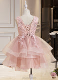 Amelie A-Line Knee-length Flower Girl Dress - Tulle/Lace Sleeveless V-neck With Beading/Flower(s)/Sequins UKP0015771