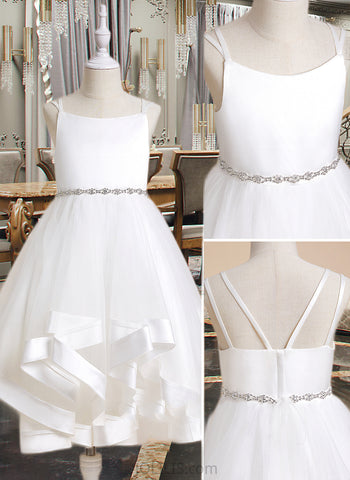 Lori A-Line Tea-length Flower Girl Dress - Satin/Tulle Sleeveless Straps With Beading UKP0015774