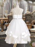 Lori A-Line Tea-length Flower Girl Dress - Satin/Tulle Sleeveless Straps With Beading UKP0015774