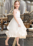 Lori A-Line Tea-length Flower Girl Dress - Satin/Tulle Sleeveless Straps With Beading UKP0015774