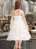 Lori A-Line Tea-length Flower Girl Dress - Satin/Tulle Sleeveless Straps With Beading UKP0015774