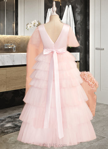 Zion Ball-Gown/Princess Floor-length Flower Girl Dress - Tulle Short Sleeves Scoop Neck With Ruffles/V Back UKP0015780